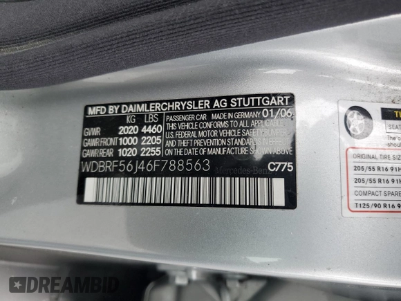 2006 Mercedes-Benz C с VIN WDBRF56J46F788563, выставлен на аукционе Copart как лот 50448415 с пробегом 74 315 миль миль и Чистый • Clean title. История ставок и продаж доступна на DreamBid. Изображение 12.