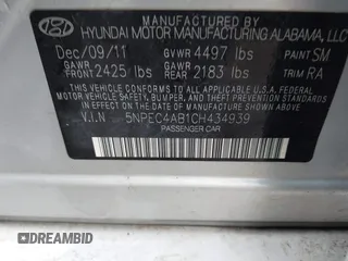 2012 Hyundai Sonata SE with VIN 5NPEC4AB1CH434939, listed as a IAAI auction lot 41878416 with 123,028 mi miles and . Bid and sale history available at DreamBid. Image 9.