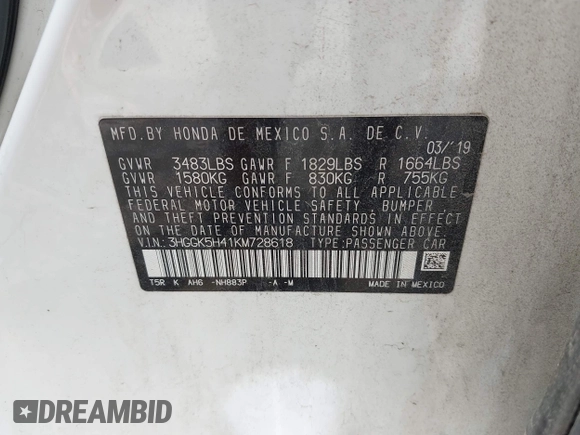 2019 Honda Fit LX with VIN 3HGGK5H41KM728618, listed as a IAAI auction lot 42457662 with 83,851 mi miles and . Bid and sale history available at DreamBid. Image 9.