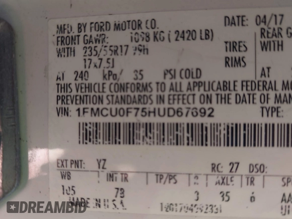 2017 Ford Escape S с VIN 1FMCU0F75HUD67692, выставлен на аукционе IAAI как лот 42558196 с пробегом 68 390 миль миль и . История ставок и продаж доступна на DreamBid. Изображение 9.