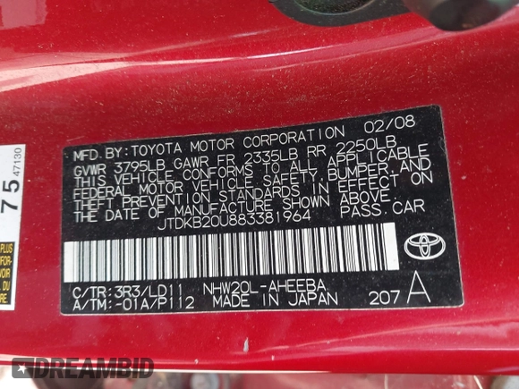 2008 Toyota Prius with VIN JTDKB20U883381964, listed as a IAAI auction lot 42173960 with Not Provided miles. Bid and sale history available at carsss.com. Image 9.
