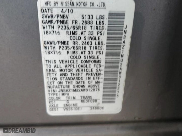 2010 Nissan Murano S with VIN JN8AZ1MU2AW012876, listed as a Copart auction lot 50327555 with 237,924 mi miles and Salvage Title. Bid and sale history available at carsss.com. Image 13.