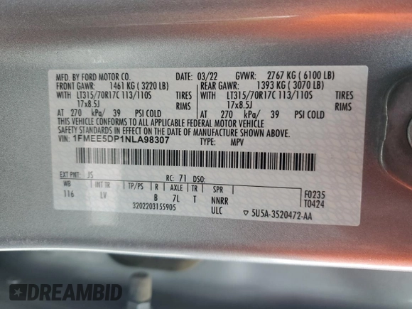 2022 Ford Bronco with VIN 1FMEE5DP1NLA98307, listed as a Copart auction lot 47690365 with 34,490 mi miles and Salvage Title. Bid and sale history available at DreamBid. Image 14.