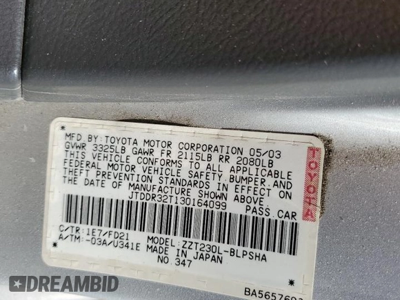 2003 Toyota Celica GT with VIN JTDDR32T130164099, listed as a Copart auction lot 77907374 with 73,950 mi miles and Salvage Title. Bid and sale history available at carsss.com. Image 13.