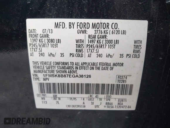 2014 Ford Explorer z VIN 1FM5K8B87EGA38126, wystawiony jako IAAI lot #42527147 z przebiegiem 172 240 mil mil oraz . Historia ofert i sprzedaży dostępna na DreamBid. Obrazek 9.
