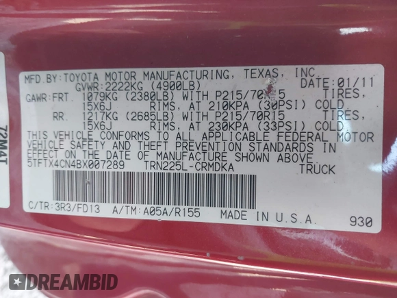2011 Toyota Tacoma with VIN 5TFTX4CN4BX007289, listed as a IAAI auction lot 41152354 with 123,968 mi miles and . Bid and sale history available at DreamBid. Image 9.