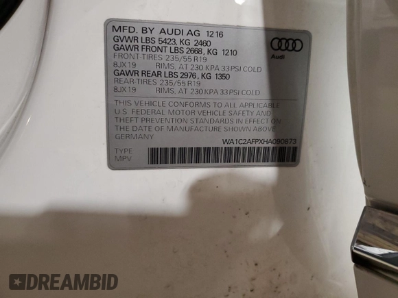 2017 Audi Q5 Premium with VIN WA1C2AFPXHA090873, listed as a Copart auction lot 54058575 with 95,003 mi miles and Salvage title. Bid and sale history available at DreamBid. Image 13.