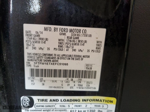 2014 Ford F-150 XL with VIN 1FTFW1ETXEFC51095, listed as a Copart auction lot 53995715 with 246,592 mi miles and Clean Title. Bid and sale history available at carsss.com. Image 12.