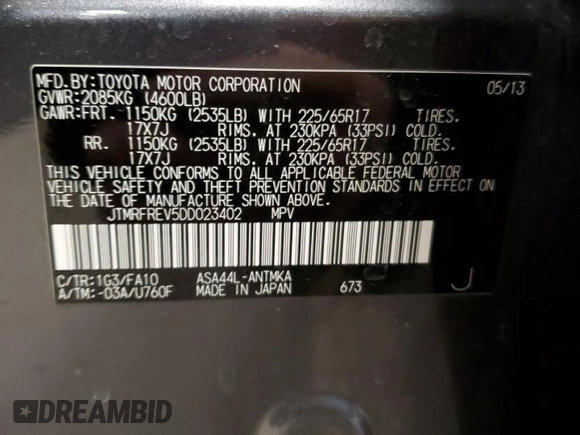 2013 Toyota RAV4 XLE z VIN JTMRFREV5DD023402, wystawiony jako Copart lot #56192905 z przebiegiem 137 037 mil mil oraz Szkoda całkowita • Salvage title. Historia ofert i sprzedaży dostępna na DreamBid. Obrazek 14.