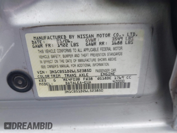 2006 Nissan Sentra S with VIN 3N1CB51D26L523850, listed as a IAAI auction lot 41899821 with 141,694 mi miles and . Bid and sale history available at DreamBid. Image 9.