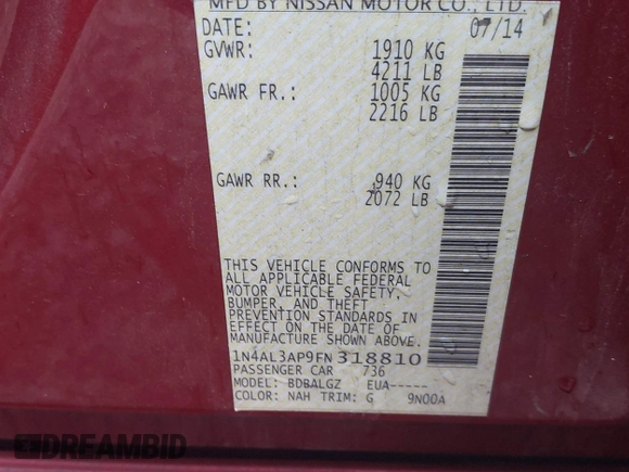 2015 Nissan Altima 2.5 S with VIN 1N4AL3AP9FN318810, listed as a IAAI auction lot 40821919 with 162,142 mi miles. Bid and sale history available at carsss.com. Image 9.