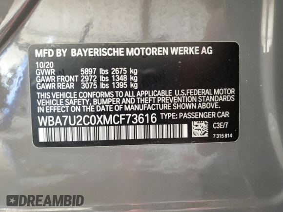 2021 BMW 7 Series 750i xDrive with VIN WBA7U2C0XMCF73616, listed as a Copart auction lot 62939935 with 57,052 mi miles and Salvage title. Bid and sale history available at DreamBid. Image 12.