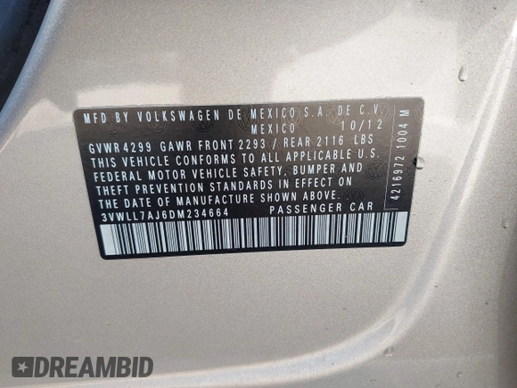 2013 Volkswagen Jetta TDI w/Premium with VIN 3VWLL7AJ6DM234664, listed as a IAAI auction lot 41555219 with 131,692 mi miles and . Bid and sale history available at DreamBid. Image 9.