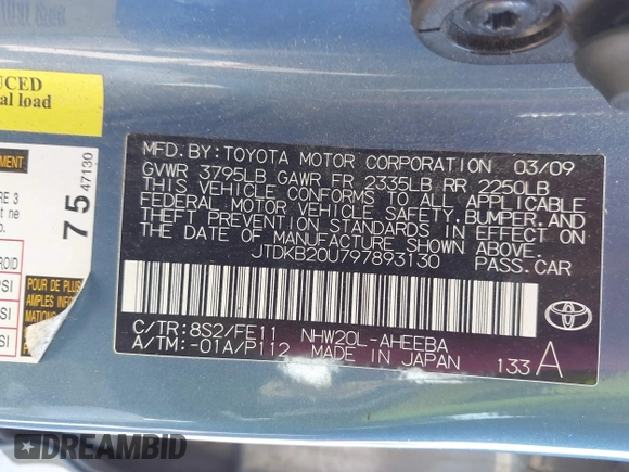 2009 Toyota Prius z VIN JTDKB20U797893130, wystawiony jako IAAI lot #41921595 z przebiegiem 224 573 mil mil oraz . Historia ofert i sprzedaży dostępna na DreamBid. Obrazek 9.