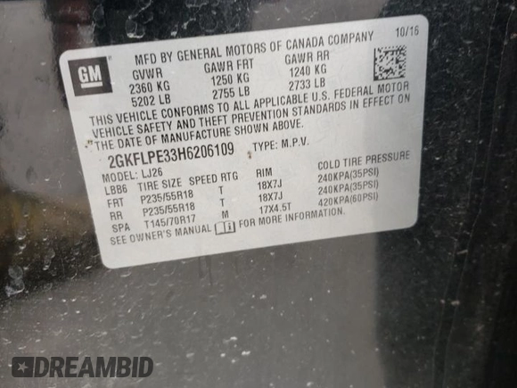 2017 GMC Terrain SLT z VIN 2GKFLPE33H6206109, wystawiony jako Copart lot #43230295 z przebiegiem 40 961 mil mil oraz Szkoda całkowita • Salvage title. Historia ofert i sprzedaży dostępna na DreamBid. Obrazek 15.