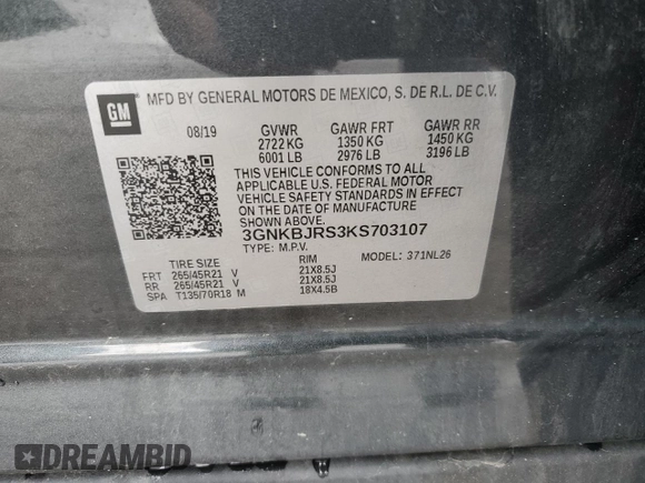 2019 Chevrolet Blazer RS with VIN 3GNKBJRS3KS703107, listed as a Copart auction lot 56701205 with 60,816 mi miles and Salvage title. Bid and sale history available at DreamBid. Image 14.