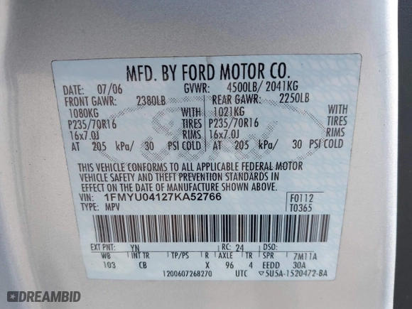 2007 Ford Escape Limited with VIN 1FMYU04127KA52766, listed as a IAAI auction lot 41835886 with 231,570 mi miles. Bid and sale history available at carsss.com. Image 9.