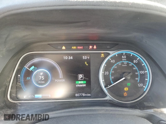 2018 Nissan LEAF S z VIN 1N4AZ1CPXJC314804, wystawiony jako Copart lot #54184945 z przebiegiem 80 778 mil mil oraz Szkoda całkowita • Salvage title. Historia ofert i sprzedaży dostępna na DreamBid. Obrazek 9.