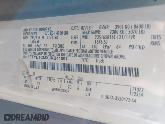 2018 Ford Transit with VIN 1FTYE1CMXJKB41091, listed as a IAAI auction lot 40874065 with 94,246 mi miles and . Bid and sale history available at DreamBid. Image 9.