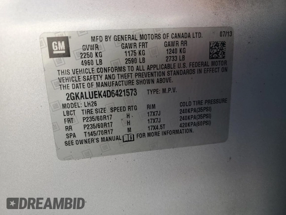 2013 GMC Terrain SLT z VIN 2GKALUEK4D6421573, wystawiony jako Copart lot #81677904 z przebiegiem Nie podano mil oraz Szkoda całkowita • Salvage title. Historia ofert i sprzedaży dostępna na DreamBid. Obrazek 14.