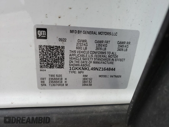 2022 GMC Acadia SLE with VIN 1GKKNKL49NZ164844, listed as a Copart auction lot 55321745 with 36,952 mi miles and Salvage title. Bid and sale history available at DreamBid. Image 13.