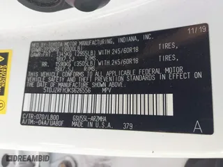 2019 Toyota Highlander SE with VIN 5TDJZRFH3KS626556, listed as a IAAI auction lot 39958875 with 75,053 mi miles. Bid and sale history available at carsss.com. Image 9.