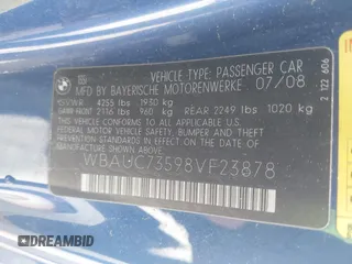2008 BMW 1 Series 135i with VIN WBAUC73598VF23878, listed as a IAAI auction lot 41569879 with 186,622 mi miles. Bid and sale history available at carsss.com. Image 9.