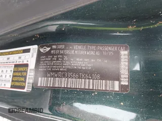 2006 MINI Hardtop with VIN WMWRC33566TK64108, listed as a IAAI auction lot 42353050 with 95,223 mi miles and . Bid and sale history available at DreamBid. Image 9.
