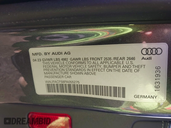 2023 Audi A5 Sportback S line Premium Plus with VIN WAUFACF58PA055275, listed as a IAAI auction lot 41309563 with 1 mi miles. Bid and sale history available at carsss.com. Image 9.