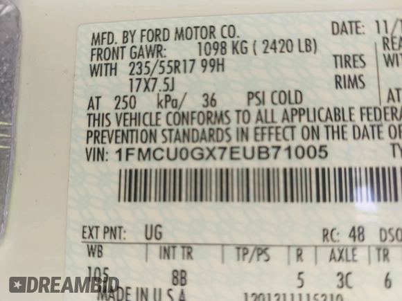 2014 Ford Escape SE с VIN 1FMCU0GX7EUB71005, выставлен на аукционе IAAI как лот 42434547 с пробегом 148 856 миль миль и . История ставок и продаж доступна на DreamBid. Изображение 9.