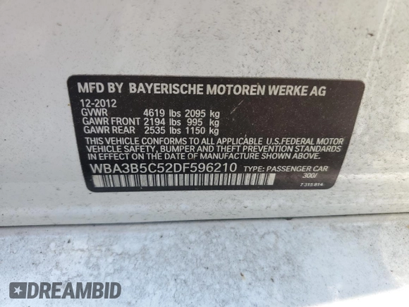 2013 BMW 3 Series 328i xDrive z VIN WBA3B5C52DF596210, wystawiony jako Copart lot #62370955 z przebiegiem 59 106 mil mil oraz Szkoda całkowita • Salvage title. Historia ofert i sprzedaży dostępna na DreamBid. Obrazek 12.