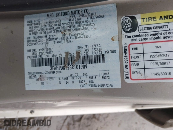 2008 Ford Fusion SEL with VIN 3FAHP08128R101909, listed as a IAAI auction lot 41568253 with 121,382 mi miles. Bid and sale history available at carsss.com. Image 9.