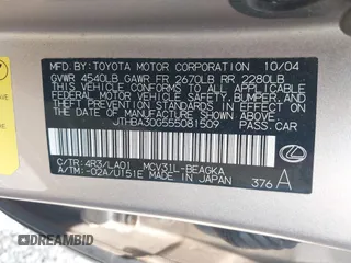 2005 Lexus ES 350 with VIN JTHBA30G555081509, listed as a IAAI auction lot 42491146 with 166,393 mi miles and . Bid and sale history available at DreamBid. Image 9.