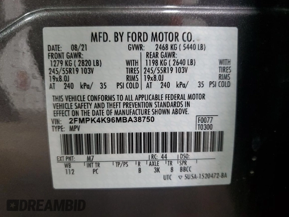2021 Ford Edge Titanium with VIN 2FMPK4K96MBA38750, listed as a Copart auction lot 61401615 with 34,778 mi miles and Salvage title. Bid and sale history available at DreamBid. Image 13.