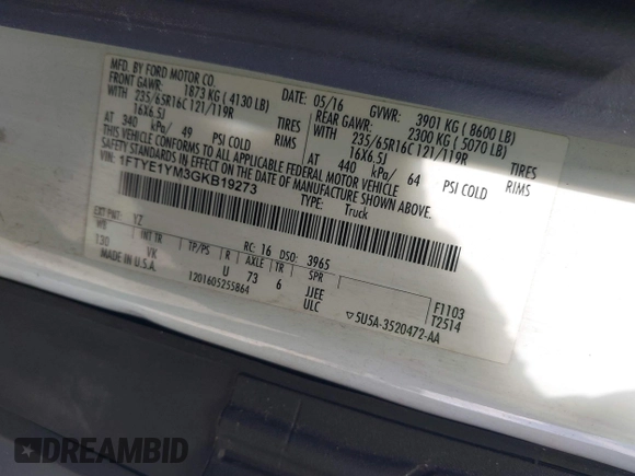 2016 Ford Transit Cargo with VIN 1FTYE1YM3GKB19273, listed as a IAAI auction lot 41925803 with 225,572 mi miles and . Bid and sale history available at DreamBid. Image 9.