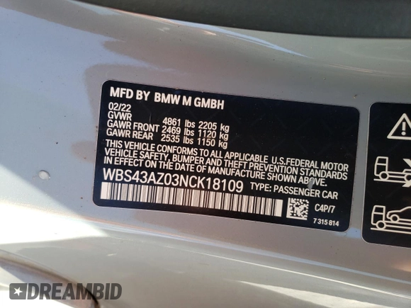 2022 BMW M4 Competition xDrive with VIN WBS43AZ03NCK18109, listed as a Copart auction lot 41862493 with 6,377 mi miles. Bid and sale history available at carsss.com. Image 12.