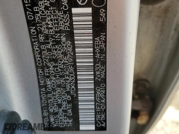 2015 Toyota Prius Four with VIN JTDKN3DUXF1972409, listed as a Copart auction lot 61596695 with Not provided miles and Salvage title. Bid and sale history available at DreamBid. Image 12.