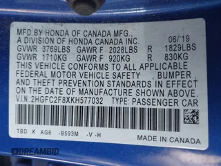 2019 Honda Civic Sedan Sport with VIN 2HGFC2F8XKH577032, listed as a IAAI auction lot 41688606 with 111,518 mi miles. Bid and sale history available at carsss.com. Image 9.