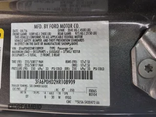 2017 Ford Fusion SE with VIN 3FA6P0HD2HR108909, listed as a Copart auction lot 50010495 with 57,613 mi miles and Salvage Title. Bid and sale history available at DreamBid. Image 15.