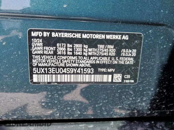 2025 BMW X5 sDrive40i with VIN 5UX13EU04S9Y41593, listed as a Copart auction lot 49856115 with 395 mi miles and Salvage Title. Bid and sale history available at carsss.com. Image 14.