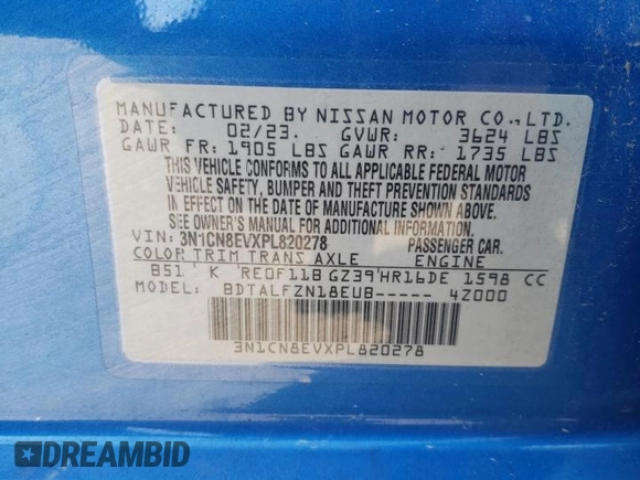 2023 Nissan Versa SV with VIN 3N1CN8EVXPL820278, listed as a Copart auction lot 51494595 with 60,923 mi miles and Salvage title. Bid and sale history available at DreamBid. Image 12.