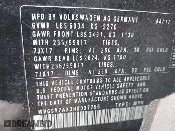 2017 Volkswagen Tiguan Wolfsburg Edition with VIN WVGSV7AX3HK037795, listed as a IAAI auction lot 42497812 with 86,211 mi miles and . Bid and sale history available at DreamBid. Image 9.
