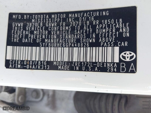 2016 Toyota Corolla L with VIN 5YFBURHE6GP448826, listed as a IAAI auction lot 41696966 with 113,543 mi miles. Bid and sale history available at carsss.com. Image 9.