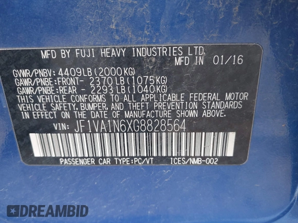 2016 Subaru WRX Limited with VIN JF1VA1N6XG8828564, listed as a IAAI auction lot 41597227 with 156,109 mi miles. Bid and sale history available at carsss.com. Image 9.