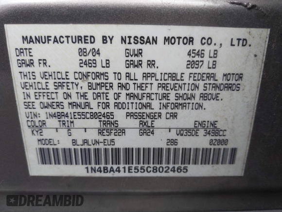 2005 Nissan Maxima 3.5 SL with VIN 1N4BA41E55C802465, listed as a IAAI auction lot 40341198 with 190,126 mi miles. Bid and sale history available at carsss.com. Image 9.