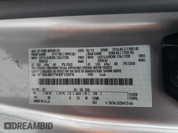 2019 Ford F-350 XL with VIN 1FT8X3BT7KEF13579, listed as a Copart auction lot 86267024 with Not provided miles and Salvage title. Bid and sale history available at DreamBid. Image 12.