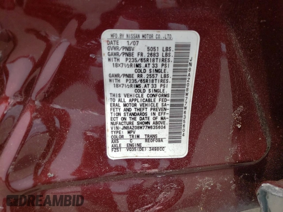 2007 Nissan Murano SE z VIN JN8AZ08W77W635604, wystawiony jako Copart lot #52454844 z przebiegiem 89 842 mil mil oraz Szkoda całkowita • Salvage title. Historia ofert i sprzedaży dostępna na DreamBid. Obrazek 16.
