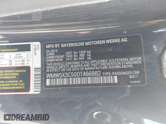2013 MINI Coupe S with VIN WMWSX3C50DT466882, listed as a IAAI auction lot 42026938 with 99,499 mi miles and . Bid and sale history available at DreamBid. Image 9.
