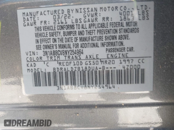 2022 Nissan Sentra SV with VIN 3N1AB8CV8NY254964, listed as a IAAI auction lot 42025826 with 24,993 mi miles. Bid and sale history available at carsss.com. Image 9.