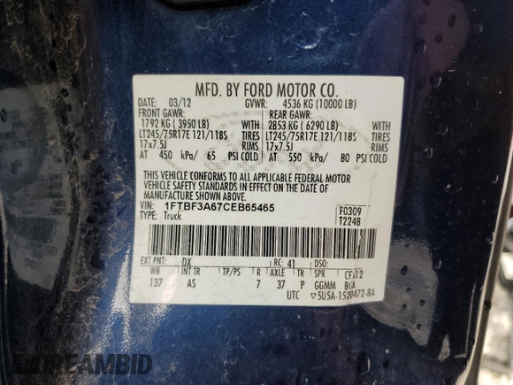 2012 Ford F-350 XL z VIN 1FTBF3A67CEB65465, wystawiony jako Copart lot #50905865 z przebiegiem Nie podano mil oraz Czysty tytuł • Clean title. Historia ofert i sprzedaży dostępna na DreamBid. Obrazek 12.